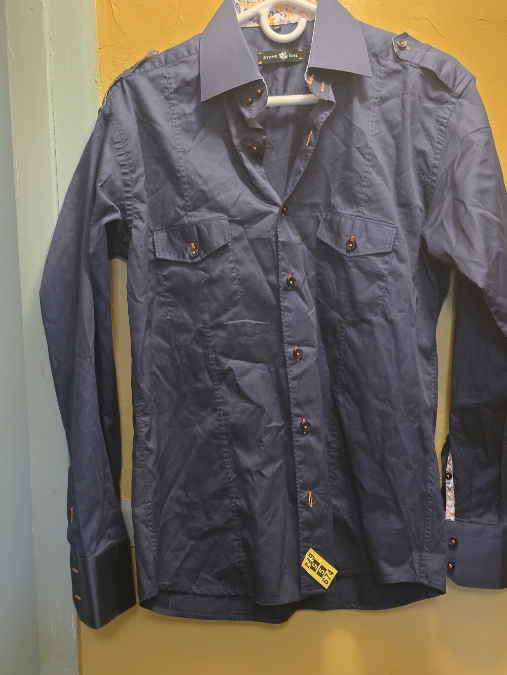 Stone Rose Men's Dark Blue Button-Up Shirt with Contrast Stitching